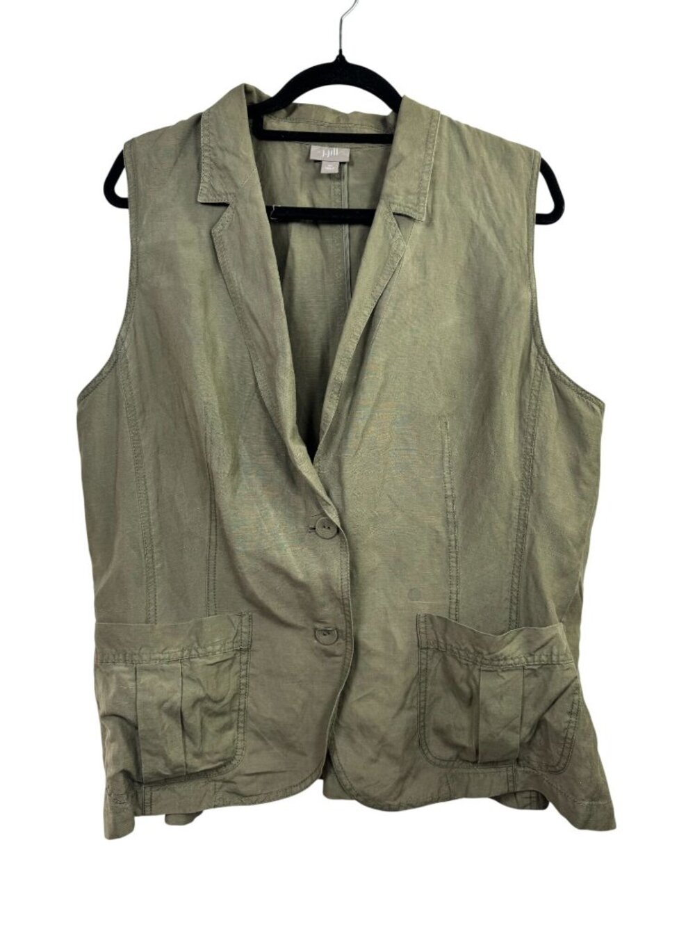 J. Jill Womens Green Silk Linen Sleeveless Vest size XL Pockets Earthy Lagenlook